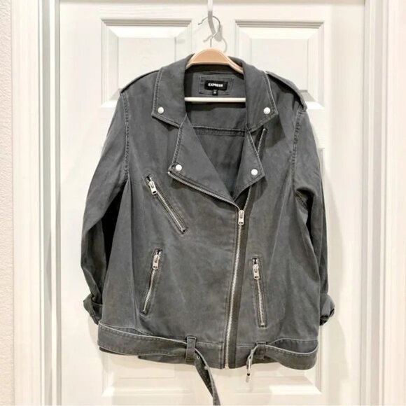 NWOT Express Grey Oversized Twill Soft Cotton Lyocell Moto Biker Jacket - Picture 2 of 5